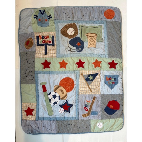 Lambs and Ivy Sports Football Baseball Basketball Stars Quilt Nursery Blanket - Picture 3 of 7